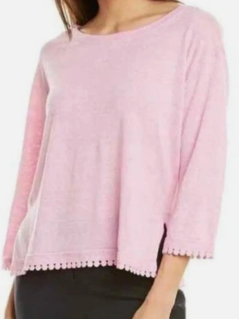 J.CREW Sweater Top 100% Linen Womens Small Pink detail Trim 3/4 Sleeves